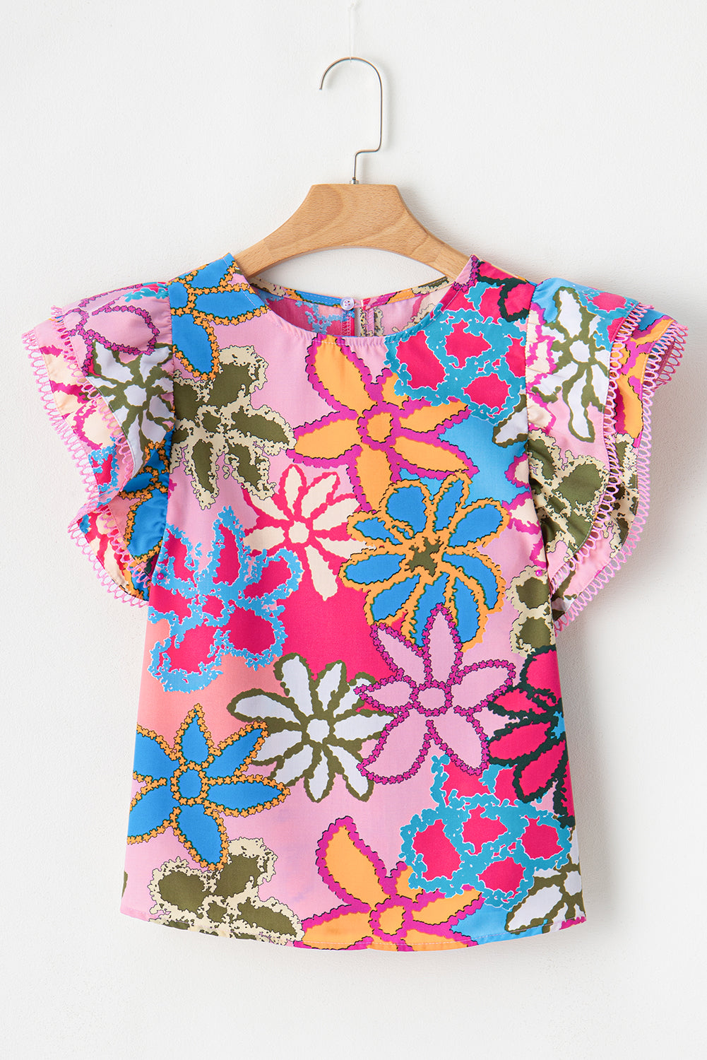 Vibrant Floral Print Trimmed Ruffle Sleeve Blouse | Multicolour