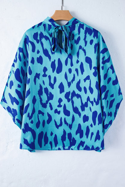 Animal Printed Mock Neck Detail Caftan Top | Blue