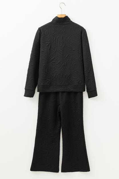 Textured Jacquard Quarter Zip Top And Crop Pants Set | Black