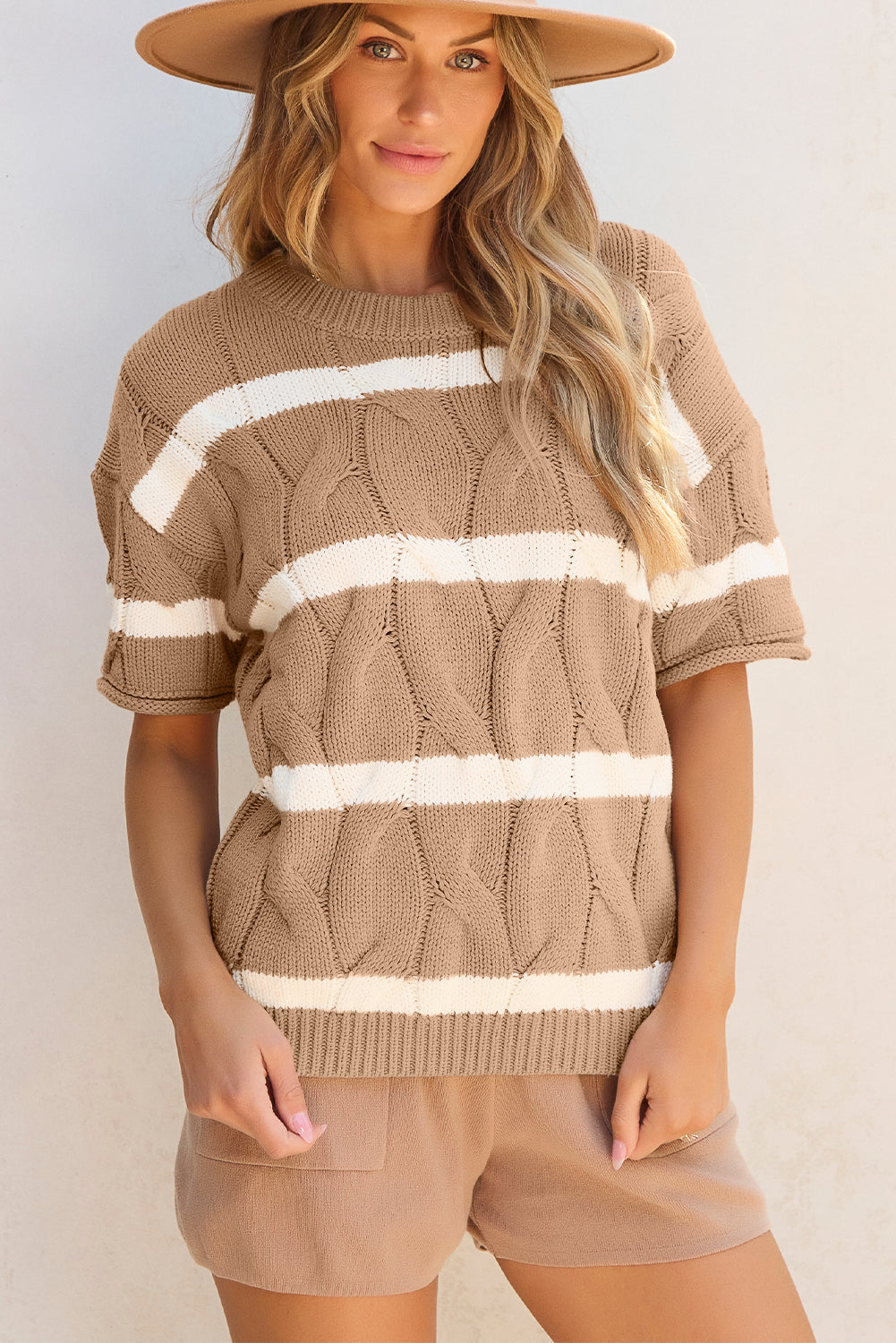 Striped Cable Short Sleeve Sweater | Dark Khaki