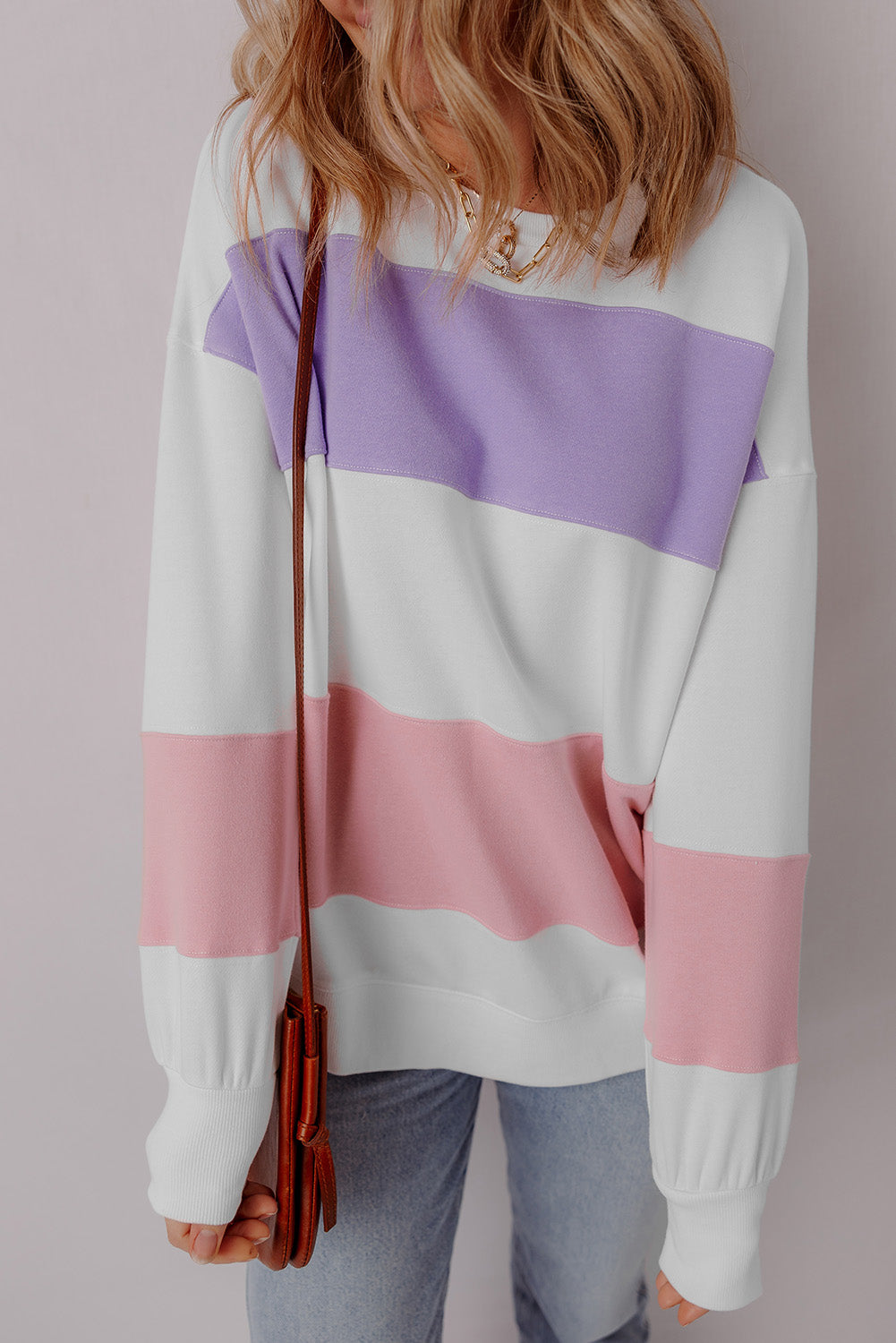 Colourblock Patchwork Drop Shoulder Crewneck Sweatshirt | Beige