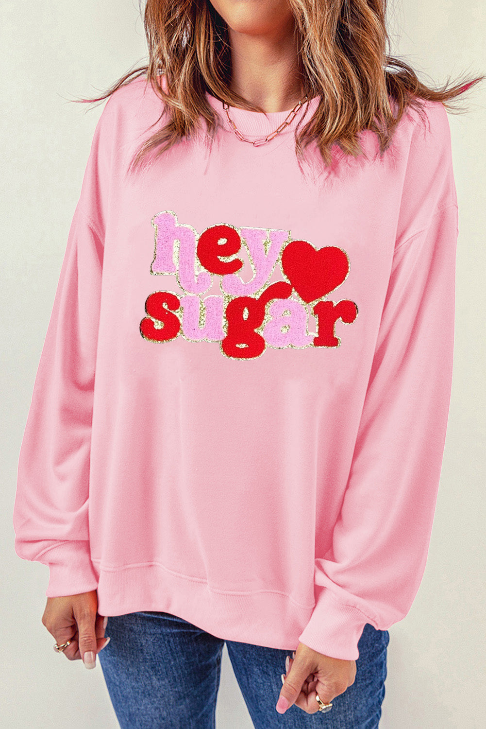 Chenille Heart Hey Sugar Patched Pattern Valentines Pullover Sweatshirt | Pink