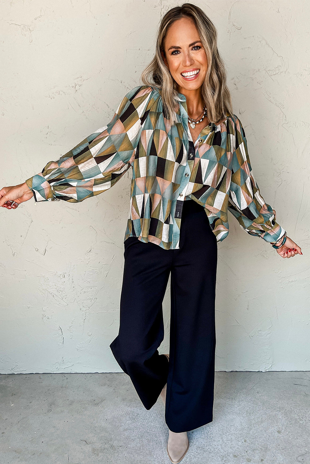 Geometric Print Buttoned Balloon Sleeve Loose Fit Shirt | Green