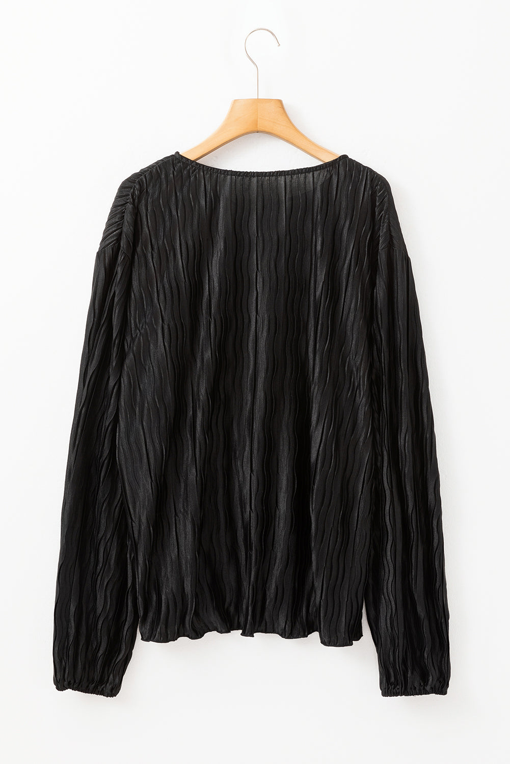 Textured Bubble Sleeve V Neck Loose Blouse | Black