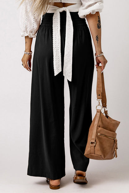 Drawstring Elastic Waist Casual Wide Leg Pants | Black