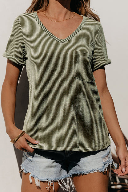 Twist Short Sleeve Corded V Neck Top | Laurel Green