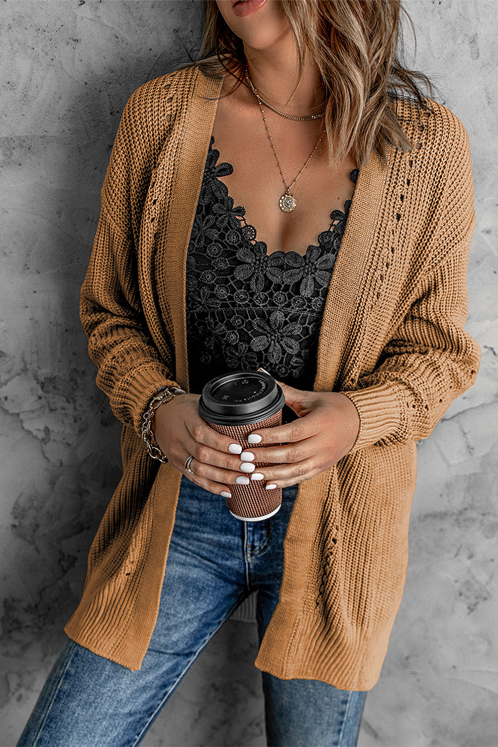 Drop Sleeve Cable Knit Cardigan With Slits | Apricot