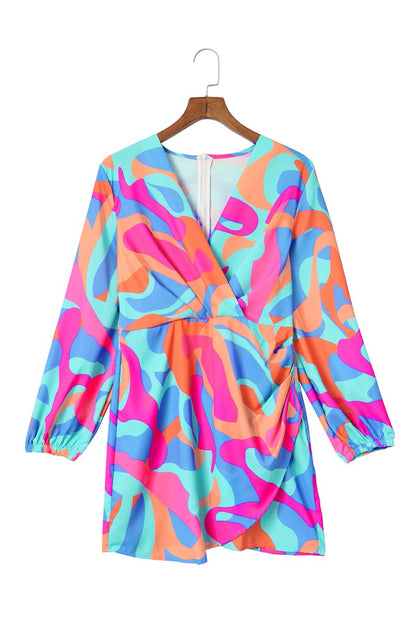 Abstract Print Wrap V Neck Puff Sleeve Dress | Multicolour