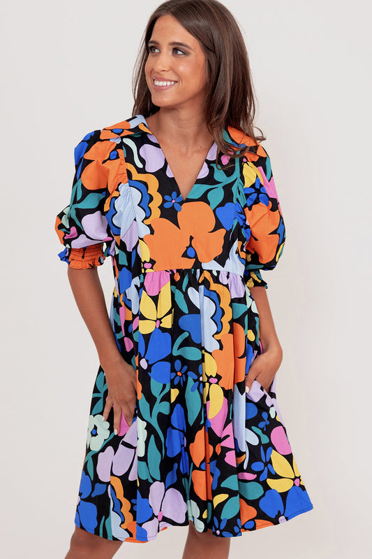 Collared Split Neck Floral Flared Dress | Blue