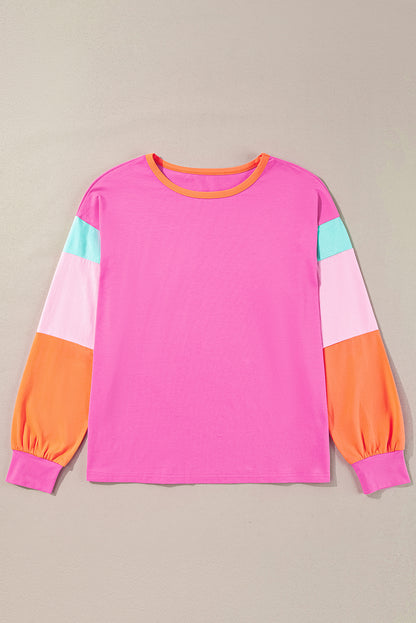 Colourblock Patchwork Long Sleeve Loose Top | Rose Red