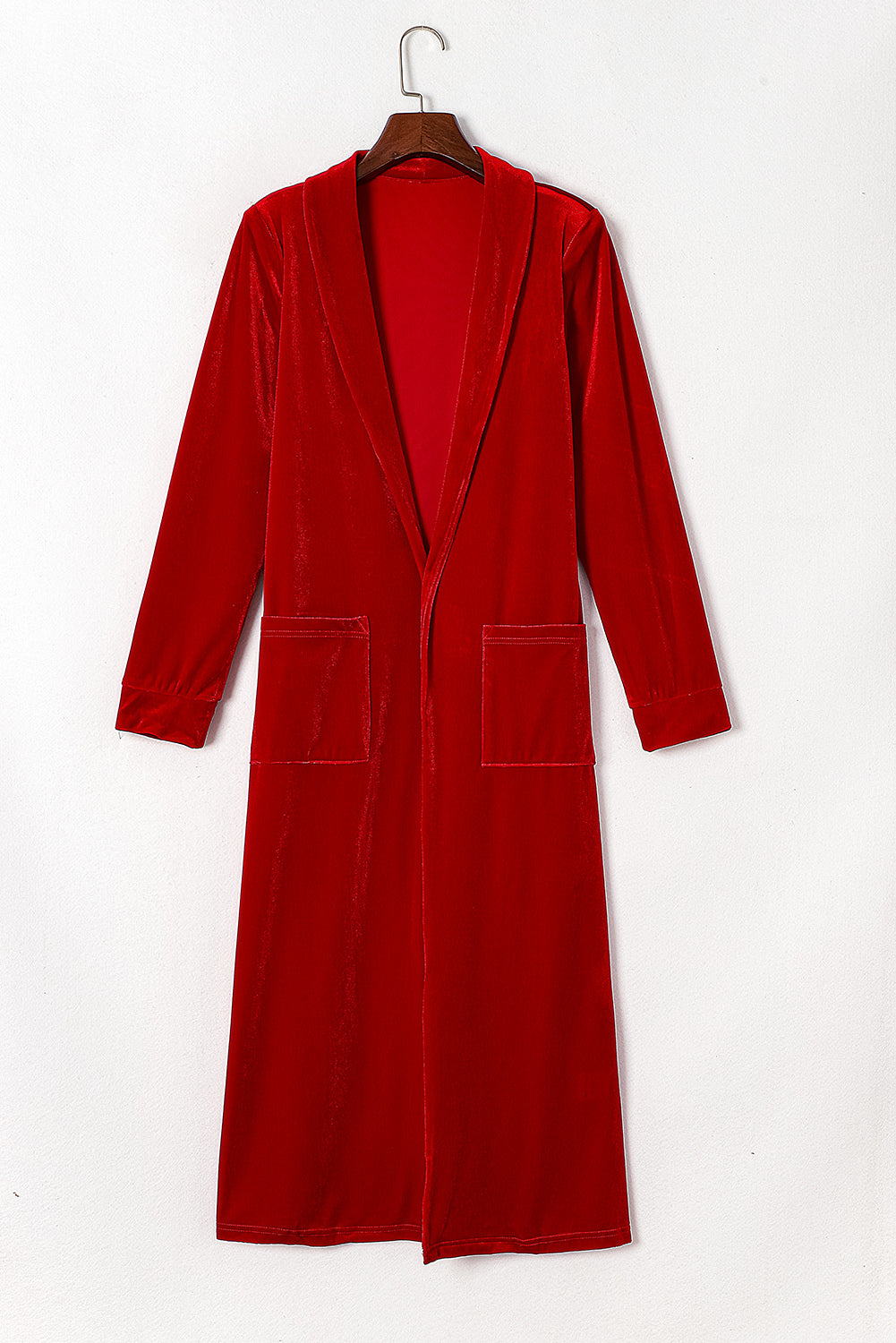 Fiery  Velvet Open Front Pocketed Long Duster | Red