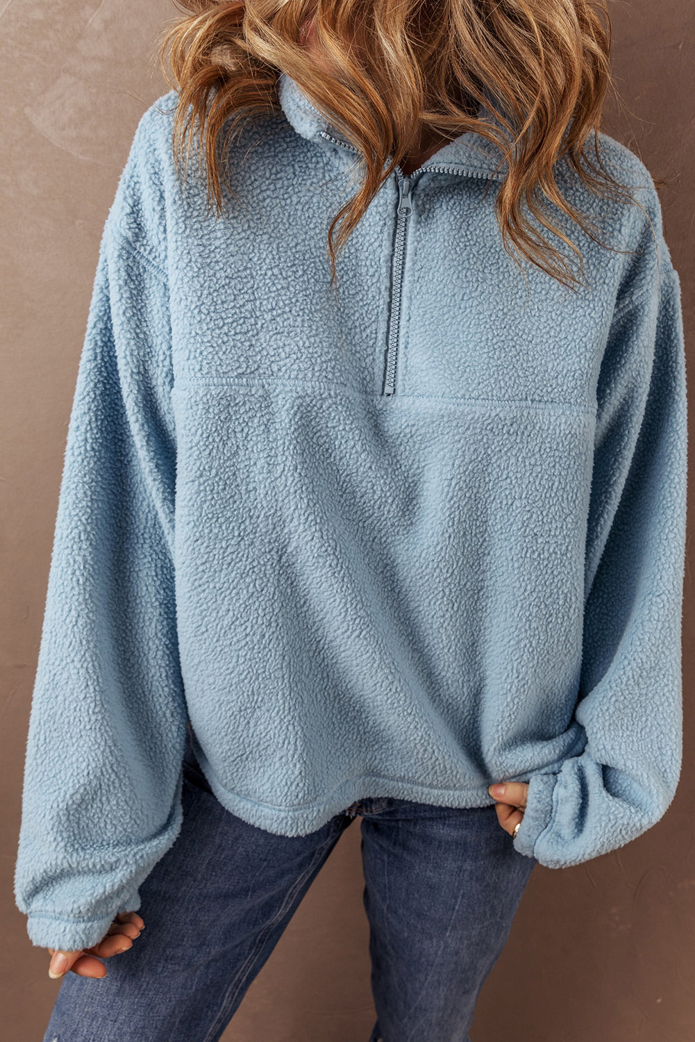 Myosotis Collared Zipper Drop Shoulder Fleece Sweatshirt