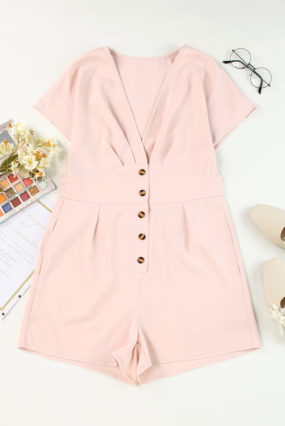 Deep V Neck Buttoned High Waist Romper | Pink