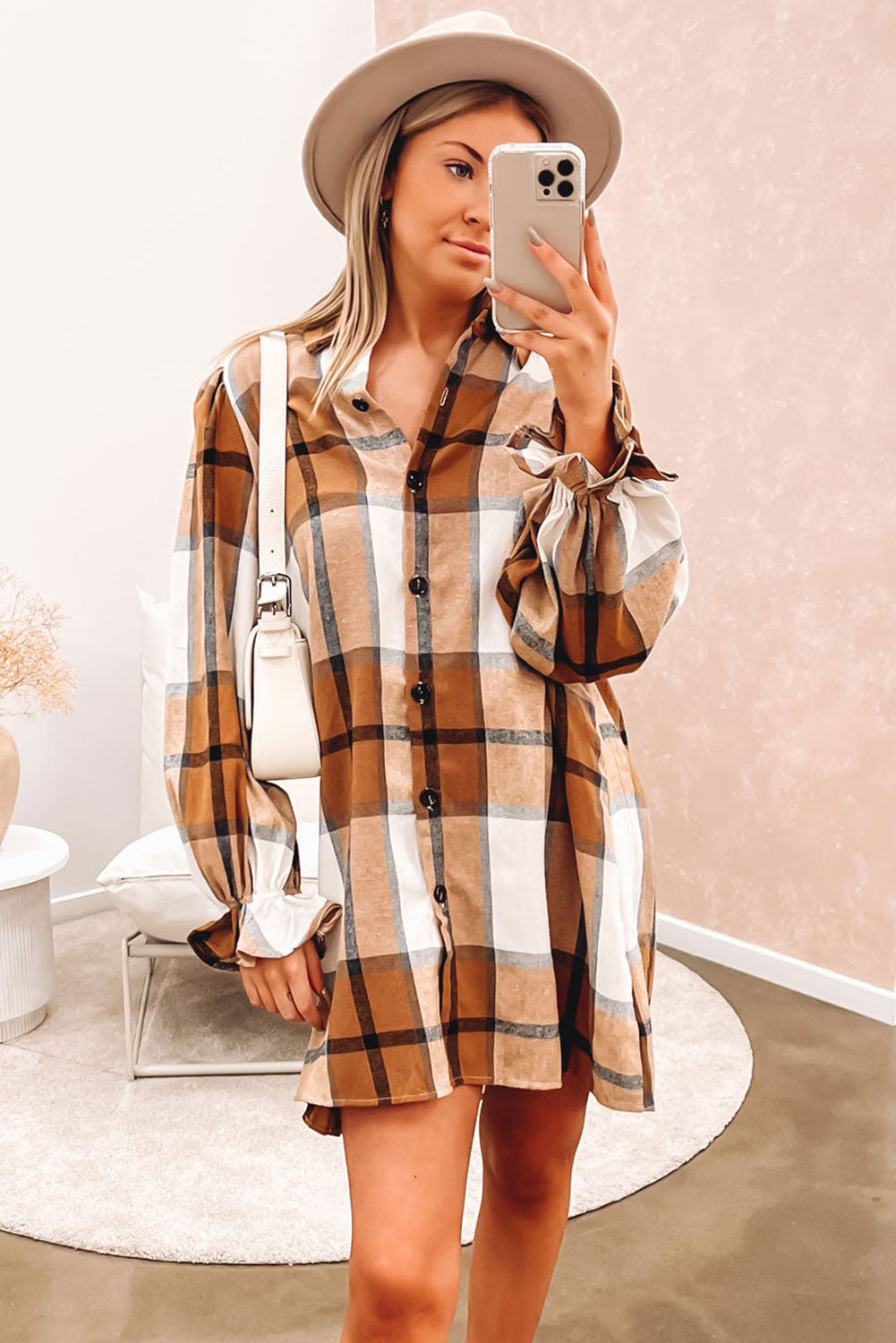 Plaid Pattern Collared Neck Ruffled Sleeve Shirt Dress | Khaki