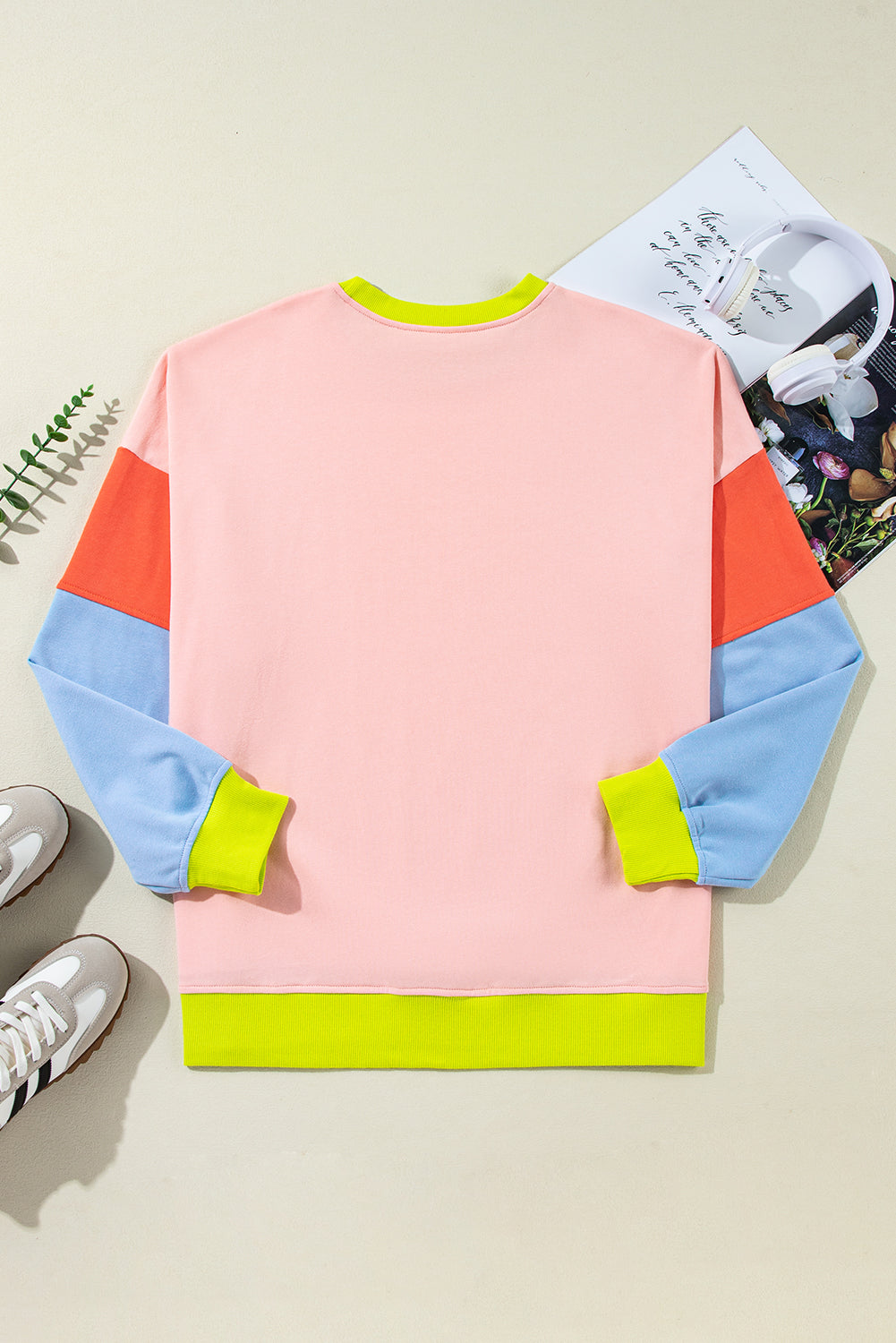 Plus Size Colourblock Patchwork Crew Neck Sweatshirt | Light Pink