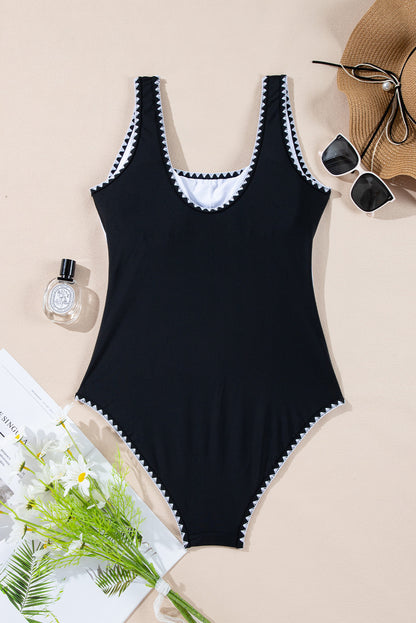 Colour Block Ric Rac Trim U Neck One Piece Swimsuit | Black