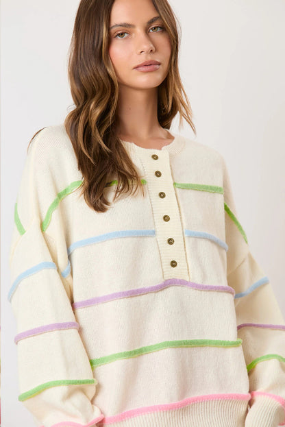 Rainbow Stripes Drop Shoulder Baggy Henley Sweater | White