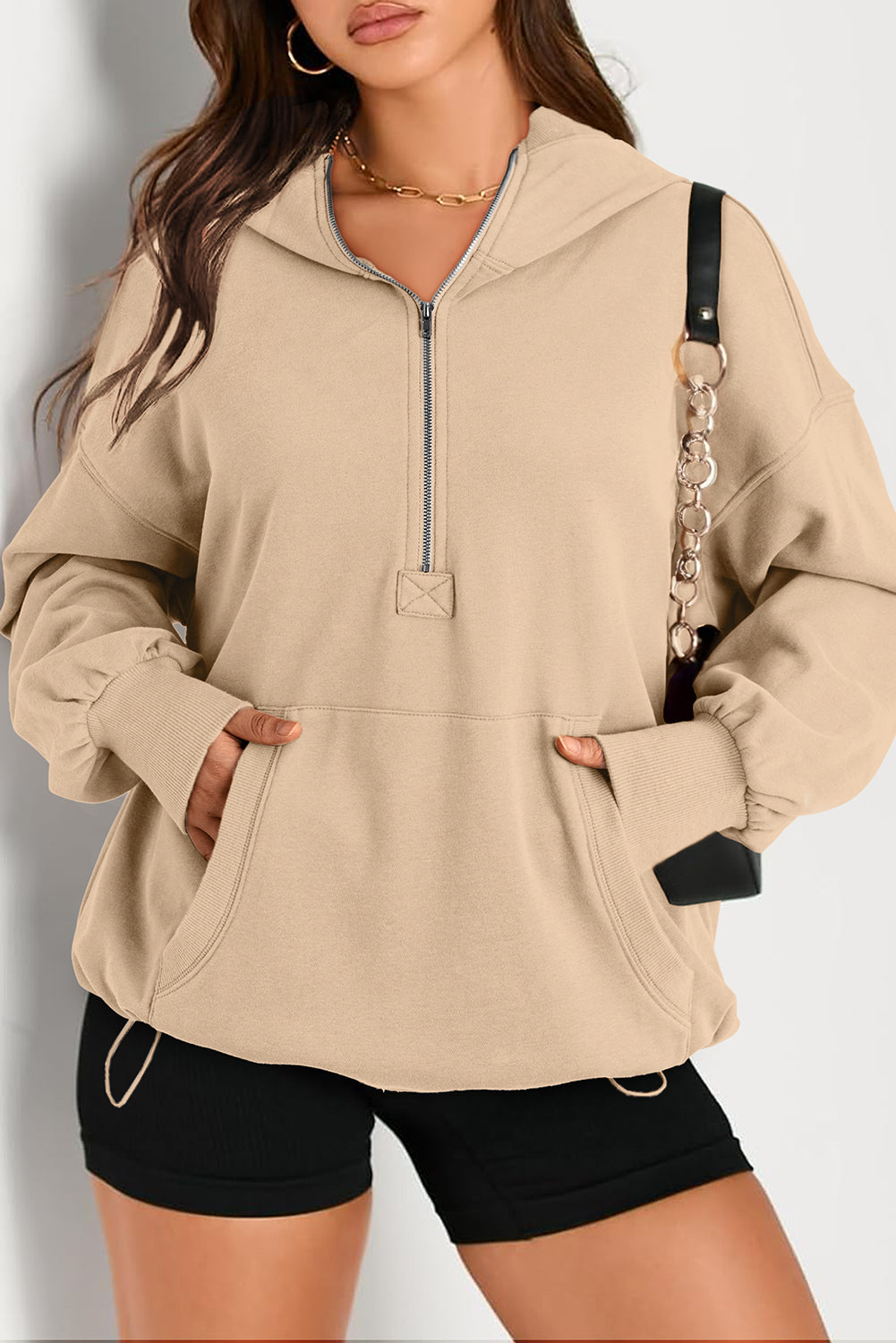 Solid Kangaroo Pocket Half Zipper Oversized Hoodie | Parchment