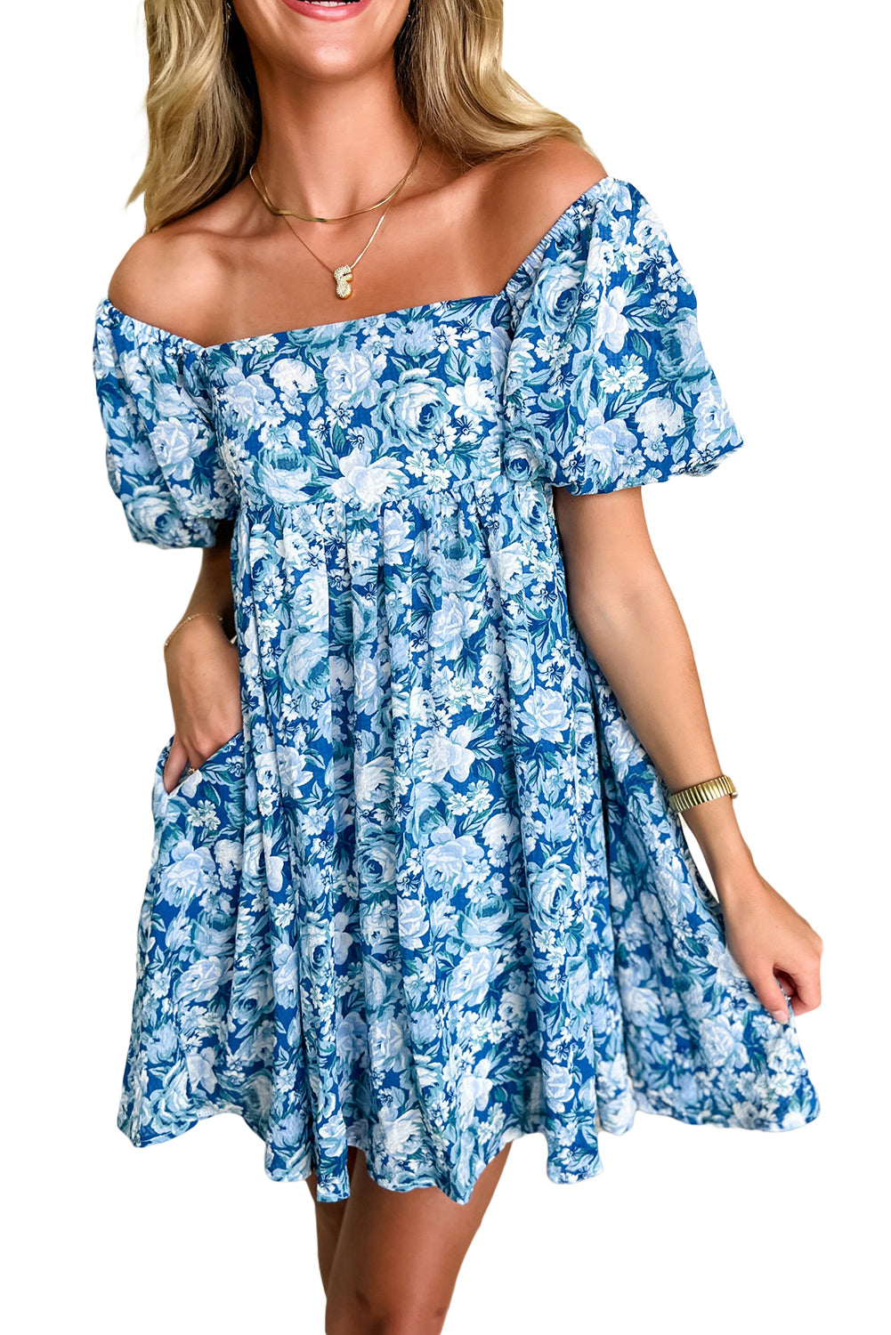 Floral Puff Sleeve Babydoll Mini Dress | Blue