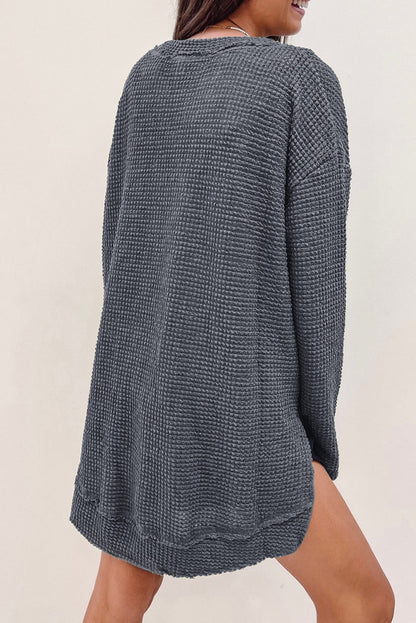 Waffle Knit High Slits Oversized Top | Gray