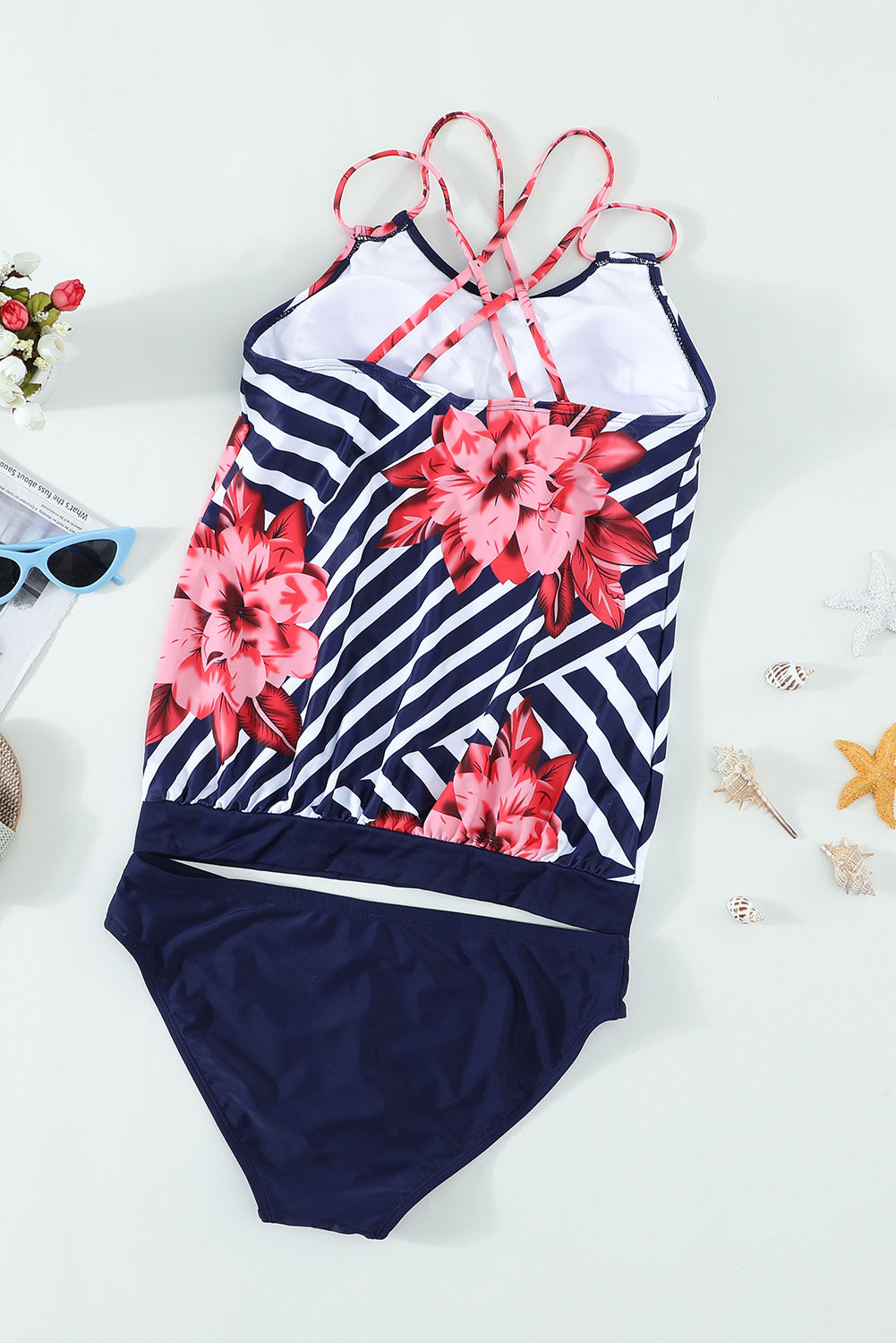 Fiery Red Floral Print Criss Cross Hollow-Out Tankini Swimwear | Blue