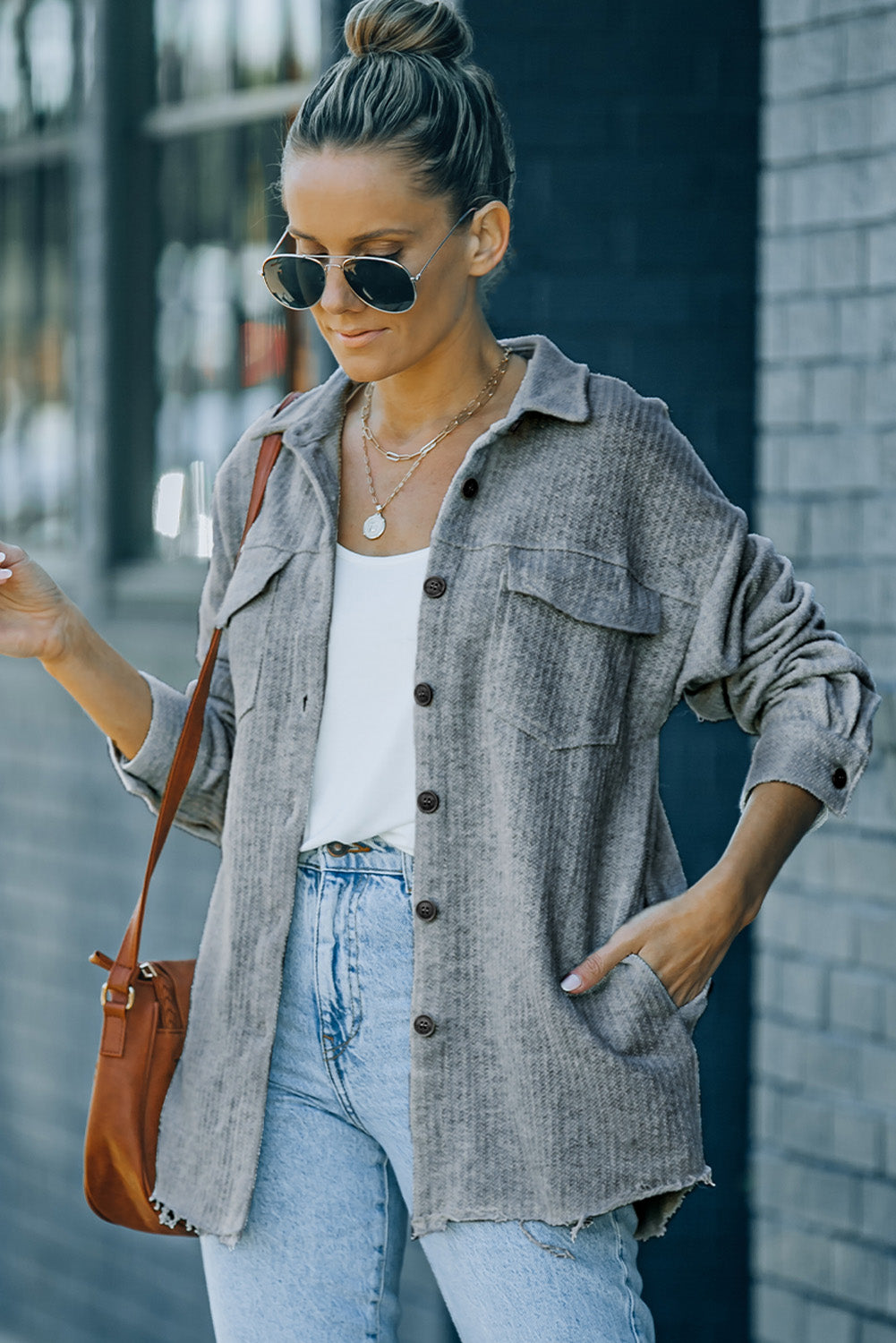 Textured Button Down Shirt Jacket With Pockets | Gray