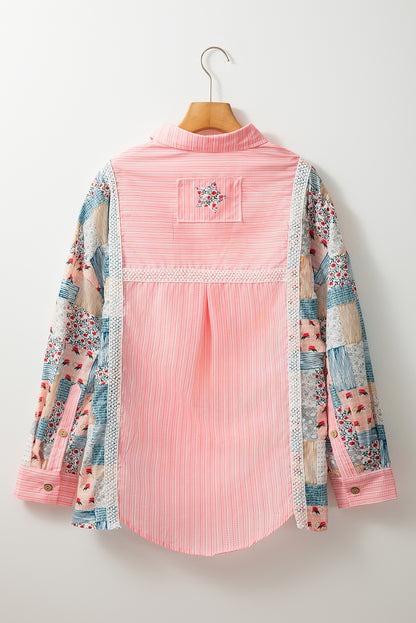 Floral Patchwork Tunic Loose Fit Shirt | Pink Stripe