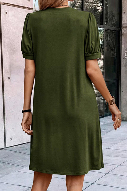 Notched Neck Pleated Puff Sleeve Shift T-Shirt Dress | Fern Green