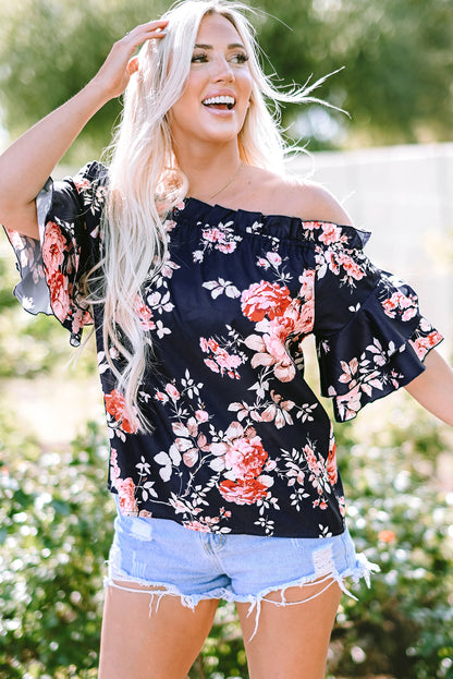 Ruffle Off Shoulder Flounce Sleeve Floral Blouse | Blue