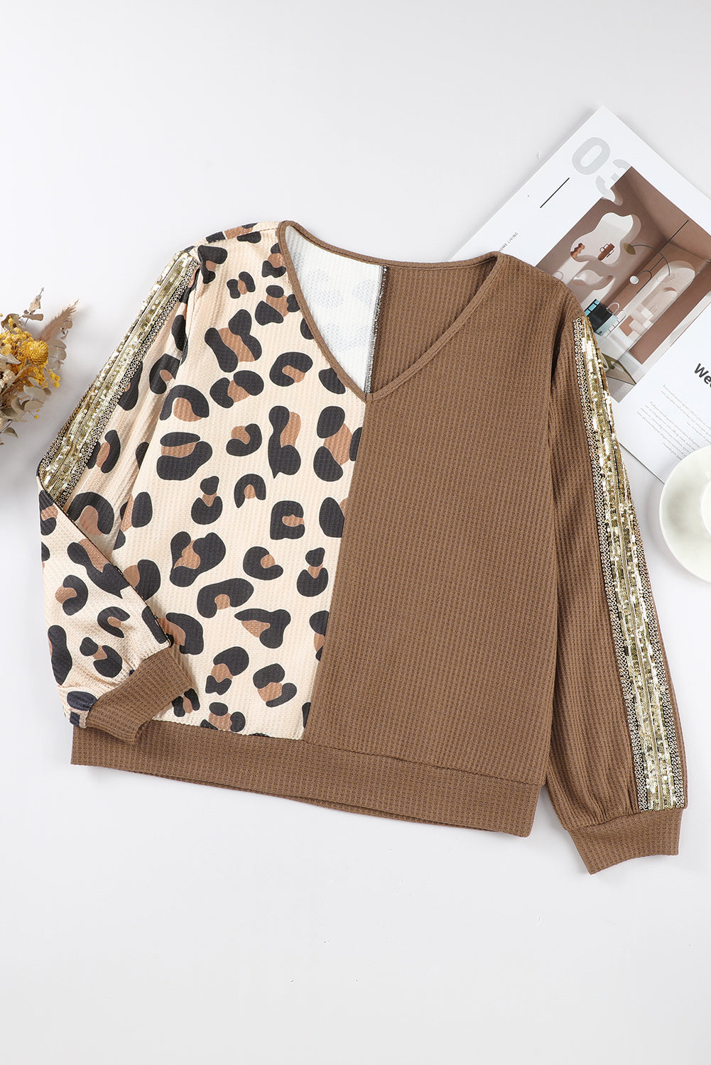 Leopard Splicing Waffle Knit V Neck Top | Brown