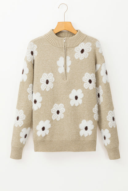 Floral Pattern Half Zip Drop Shoulder Sweater | Khaki