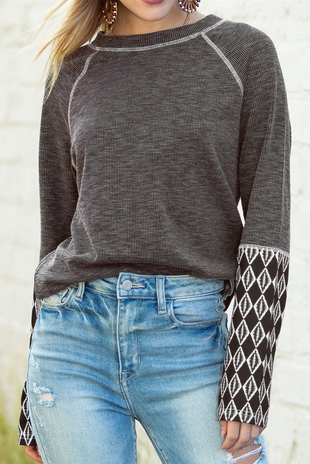 Aztec Patchwork Ribbed Long Sleeve Top | Gray