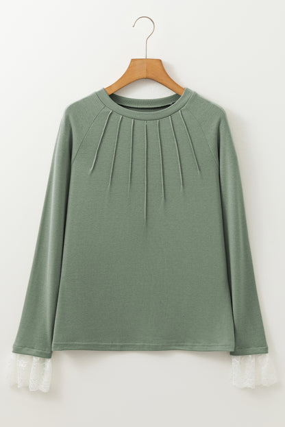 Seam Detail Lace Contrast Cuffs Raglan Sleeve Top | Grass Green