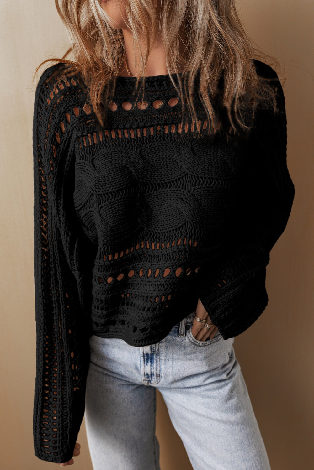 Hollow-Out Cable Knit Cropped Sweater | Black