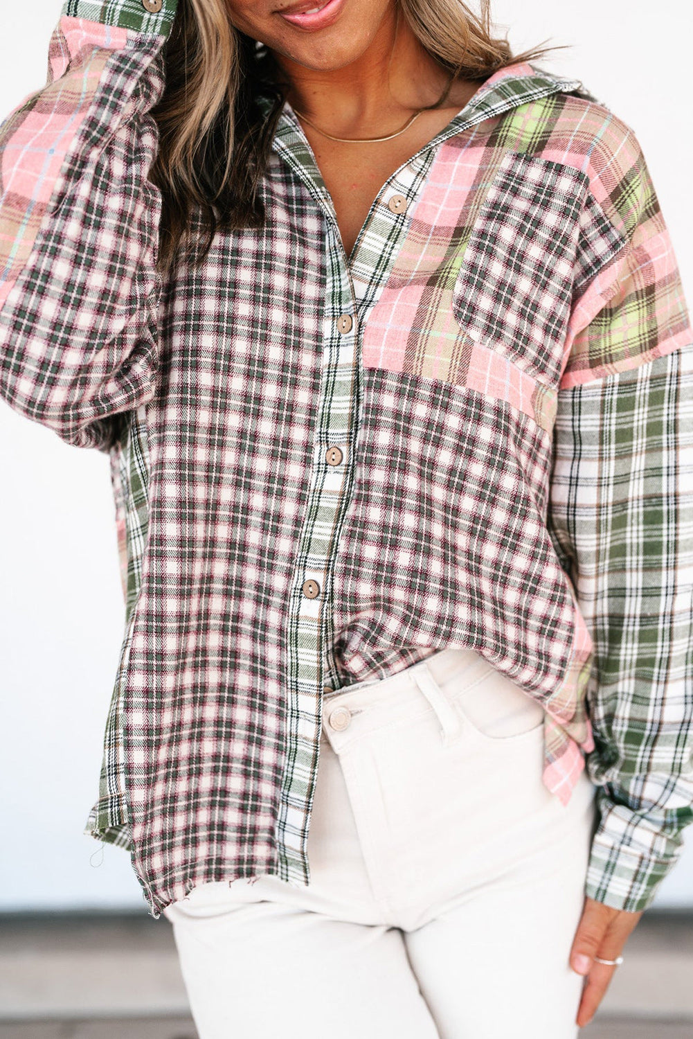 Plaid Patchwork High Low Oversized Shirt | Multicolour