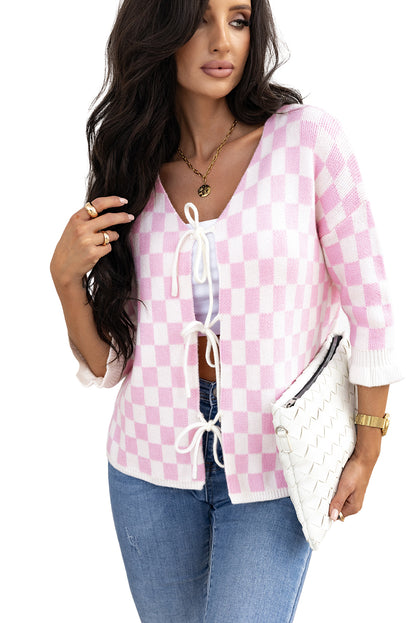 Checkered Knitted Lace-Up Ruffled 3/4 Sleeve Cardigan | Light Pink