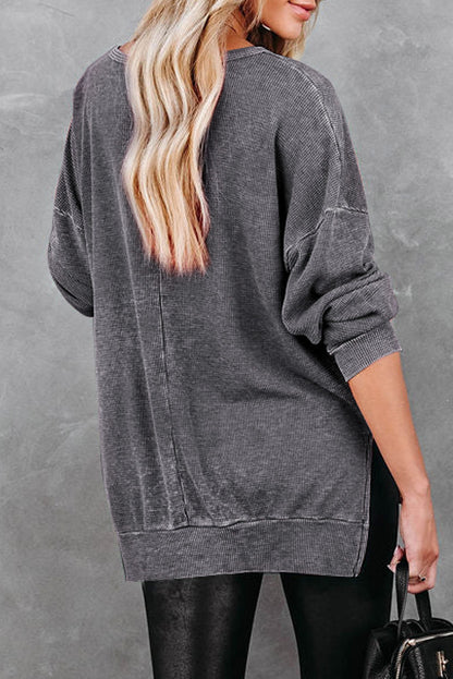 Waffle Knit Side Slit Pullover Top | Gray