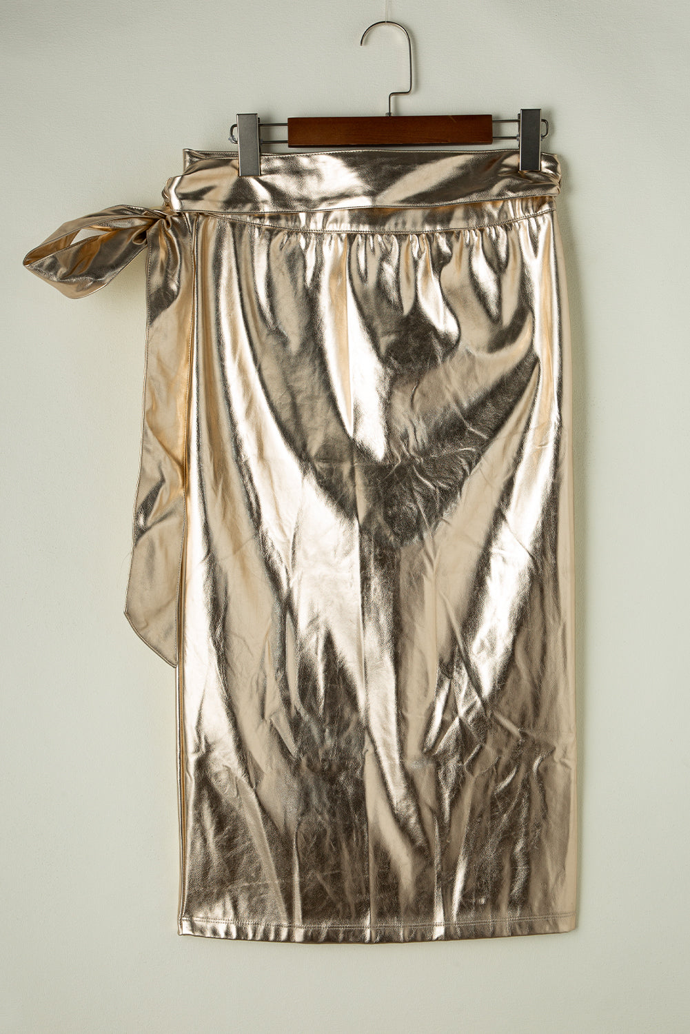 Metallic Leather Knotted Wrap Midi Skirt | Gold