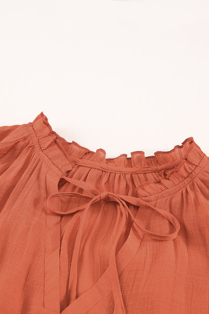 Tiered Ruffled Drawstring V Neck Top | Red