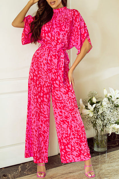 Leopard Loose Sleeve Belted Wide Leg Jumpsuit | Rose