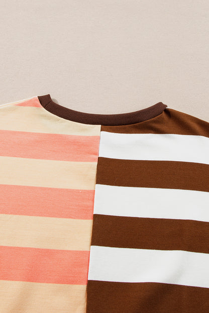 Colour Block Drop Shoulder Pullover Sweatshirt | Brown Stripe