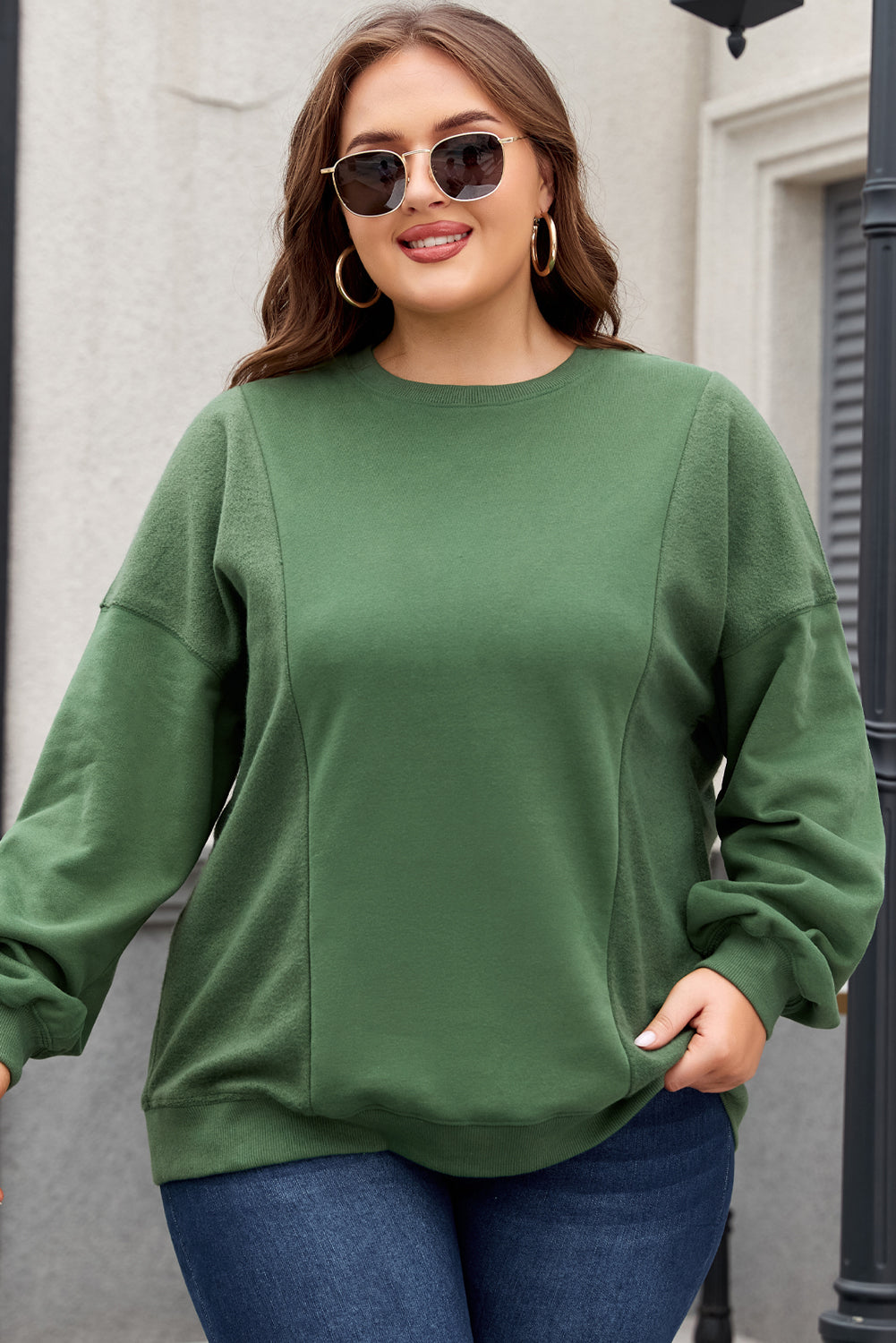 Loose Patchwork Crewneck Plus Size Sweatshirt | Blackish Green