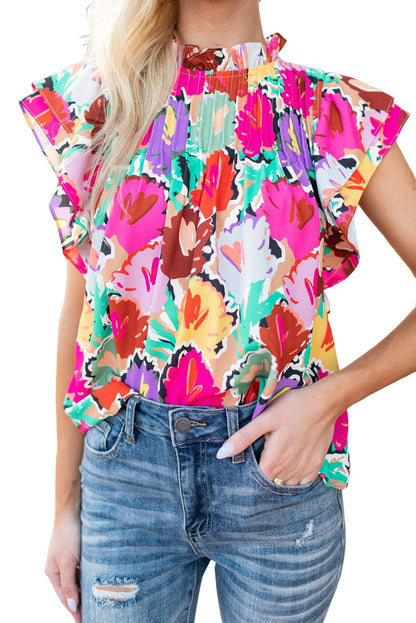 Abstract Floral Print Frilled Neck Pleated Blouse | Multicolour