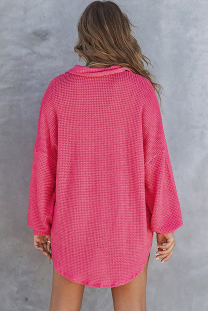 Waffle Knit Button Up Casual Shirt | Pink