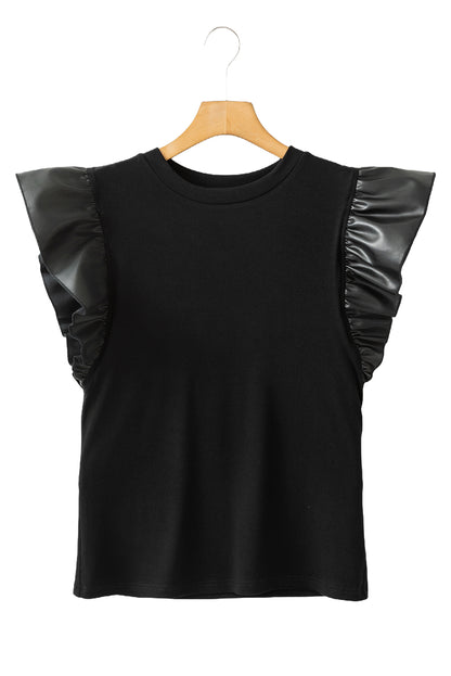 Leather Ruffle Sleeve Patchwork Round Neck Blouse | Black