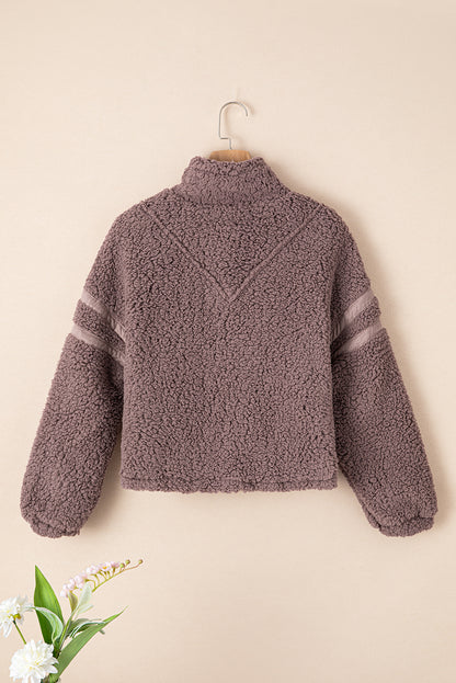 Dusty Pink Collared Neckline Half Zip Fluffy Pullover Sweatshirt | dusty pink