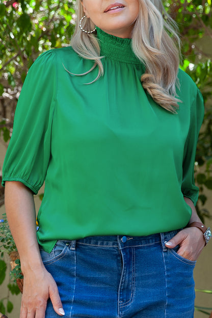 Shirred High Neck Puff Sleeve Plus Size Blouse | Sea Green