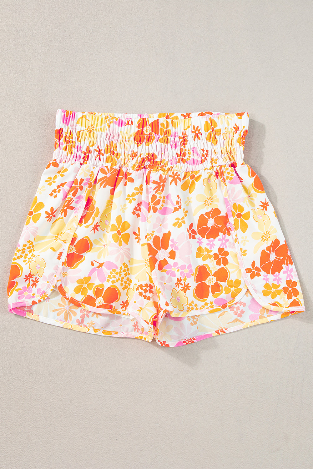 Boho Floral Shirred High Waist Casual Shorts | Orange