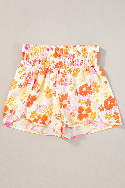 Boho Floral Shirred High Waist Casual Shorts | Orange