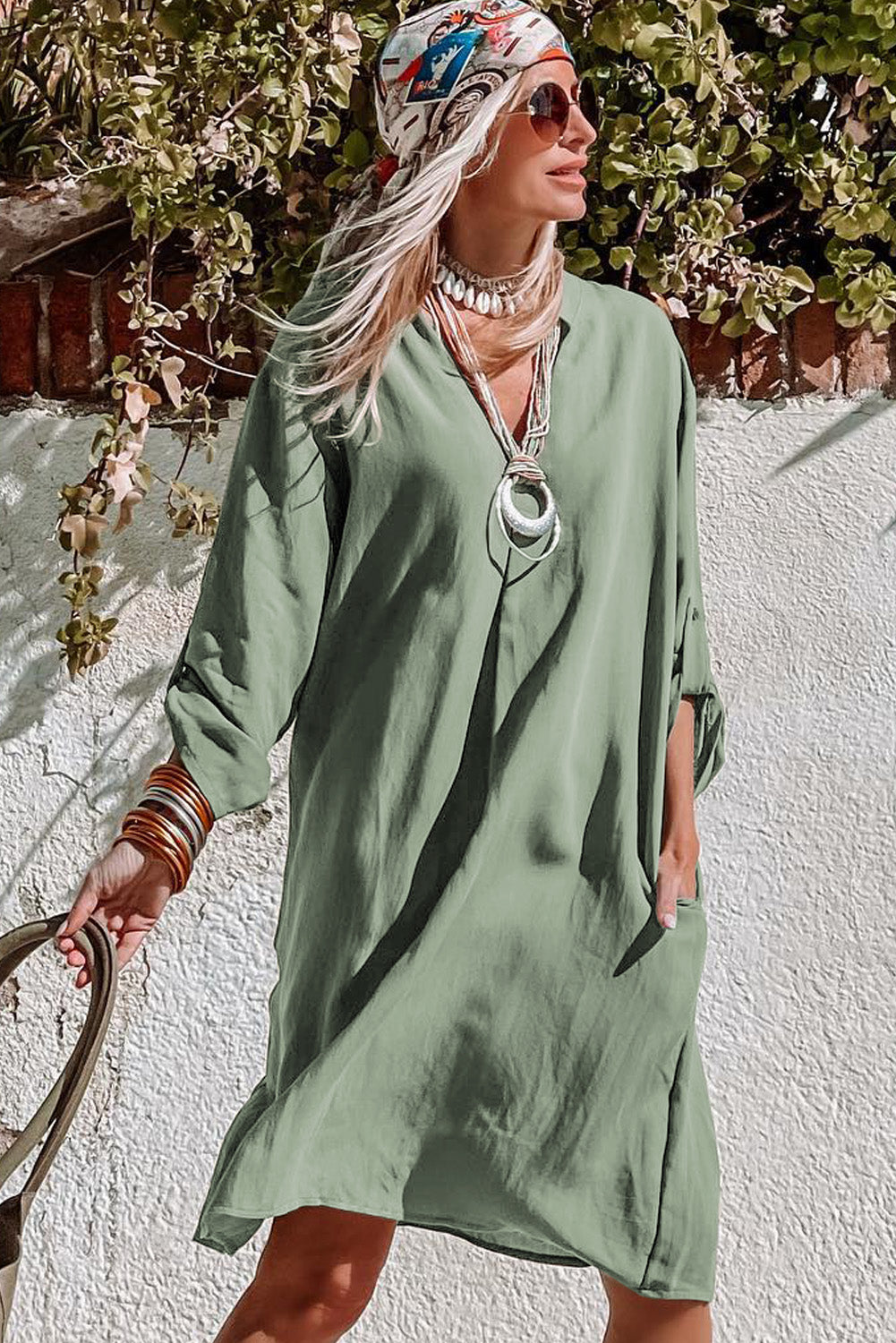 Roll-Tab Sleeve Flowy Casual Dress | Green